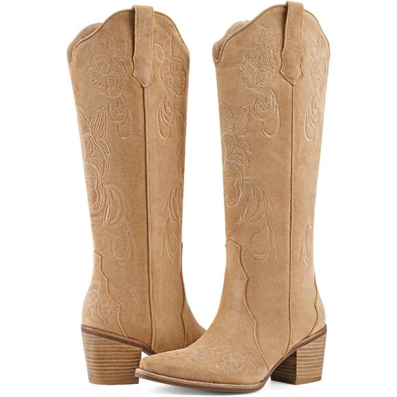 Women's Beige Knee High Cowgirl Western Boots Pointed Toe Chunky Block Heel - Picture 5 of 6